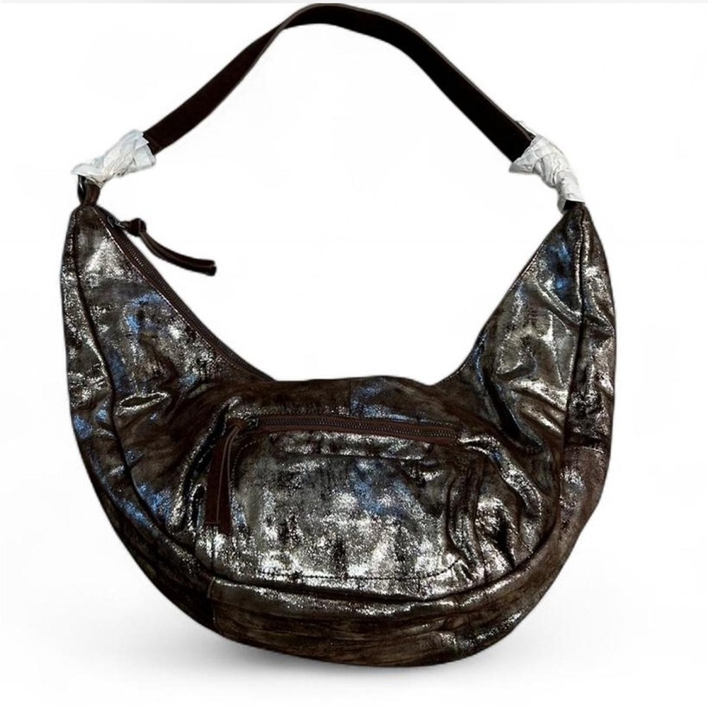 NWT Free People Brown Leather Sparta Sling Bag Large Boho Crossbody Shimmer - Picture 6 of 10